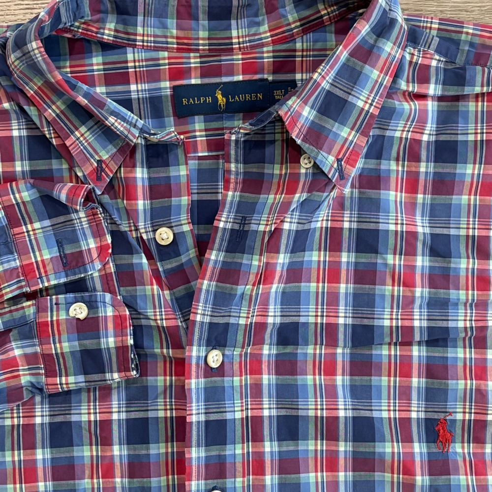 Ralph Lauren Button Down Shirt Mens 3XLT Blue Red Plaid Long Sleeve Pony Logo